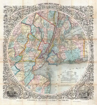 Mapa del País a Treinta y Tres Millas Alrededor de la Ciudad de Nueva York de J. H. Colton